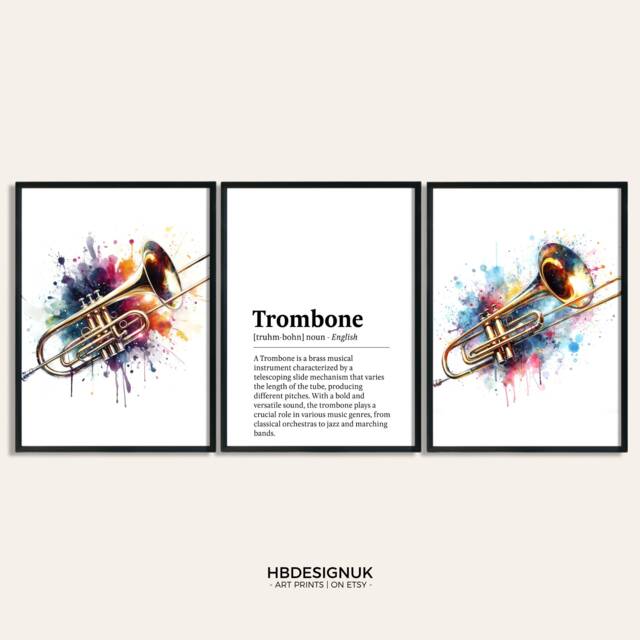 Trombone Watercolour Art Print - Set Of 3 Music Artwork - Watercolor Poster Wall Musician Instrument Picture Decor Room Gift - image 1