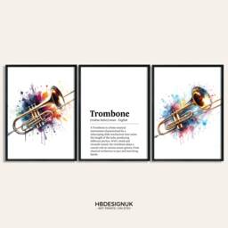 Trombone Watercolour Art Print - Set Of 3 Music Artwork - Watercolor Poster Wall Musician Instrument Picture Decor Room Gift - thumbnail 1