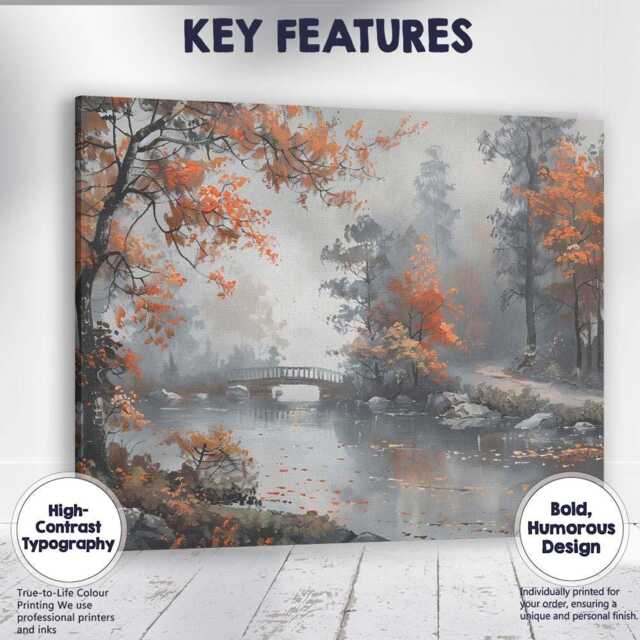 Misty Autumn River Scene With Bridge & Orange Foliage Canvas Wall Art Print Decor Picture Ready To Hang - image 1