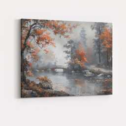 Misty Autumn River Scene With Bridge & Orange Foliage Canvas Wall Art Print Decor Picture Ready To Hang - thumbnail 4