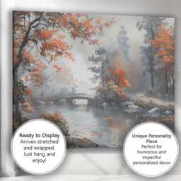 Misty Autumn River Scene With Bridge & Orange Foliage Canvas Wall Art Print Decor Picture Ready To Hang - thumbnail 3