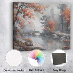 Misty Autumn River Scene With Bridge & Orange Foliage Canvas Wall Art Print Decor Picture Ready To Hang - thumbnail 2