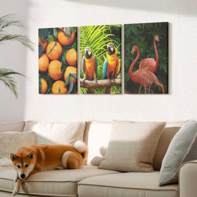 Canvas Set Of 3 Wall Art - Parrots & Flamingos in The Tropics, Orange Large Art, Plants Flowers Hanging Piece - image 1
