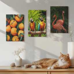 Canvas Set Of 3 Wall Art - Parrots & Flamingos in The Tropics, Orange Large Art, Plants Flowers Hanging Piece - thumbnail 3