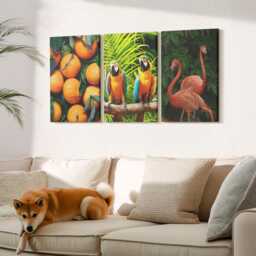 Canvas Set Of 3 Wall Art - Parrots & Flamingos in The Tropics, Orange Large Art, Plants Flowers Hanging Piece