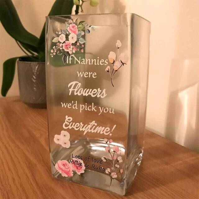 Personalised Pink Floral Vase, Rectangular, 50Th, 60Th, 70Th Birthday Gift For Mum, Grandma, Auntie, Aunty, Nanny, Mother's Day Gifts - image 1