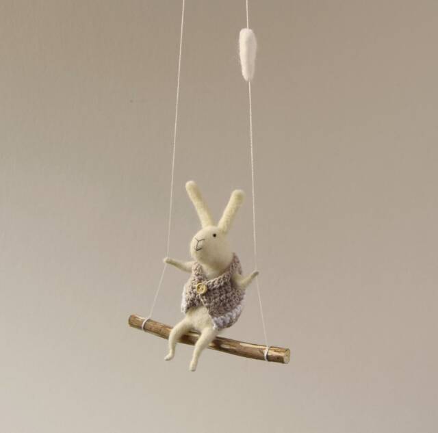 White Bunny On Swing, Felted Animal, Bunny, Bunny Mobile, Baby Crib Mobile, Nursery Decor