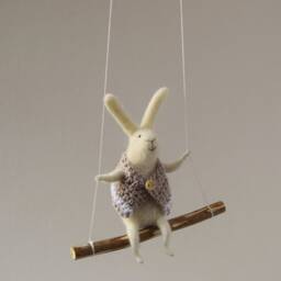 White Bunny On Swing, Felted Animal, Bunny, Bunny Mobile, Baby Crib Mobile, Nursery Decor - thumbnail 2