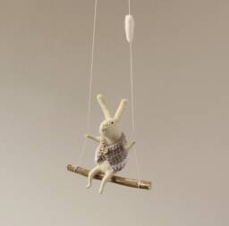 White Bunny On Swing, Felted Animal, Bunny, Bunny Mobile, Baby Crib Mobile, Nursery Decor