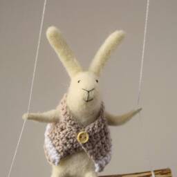White Bunny On Swing, Felted Animal, Bunny, Bunny Mobile, Baby Crib Mobile, Nursery Decor - thumbnail 3