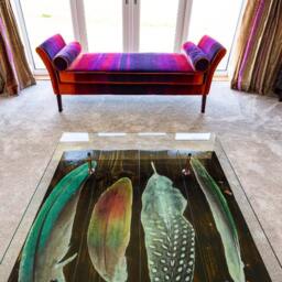 Chunky Square 4 Wood Beam Hand Finished Bird Feather Coffee Table With Glass Top - thumbnail 2