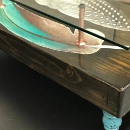 Chunky Square 4 Wood Beam Hand Finished Bird Feather Coffee Table With Glass Top - thumbnail 3