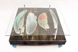Chunky Square 4 Wood Beam Hand Finished Bird Feather Coffee Table With Glass Top - thumbnail 1
