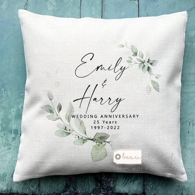 Personalised Wedding Anniversary Gift Golden Silver Ruby Pearl 25Th 50Th Home Foliage Greenery Design Quote Linen Style Cushion Cover