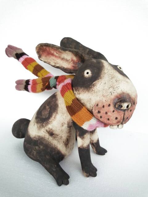 Ceramic Rabbit in The Wind With A Hand Knitted Striped Scarf - image 1