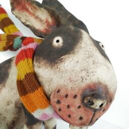 Ceramic Rabbit in The Wind With A Hand Knitted Striped Scarf - thumbnail 2