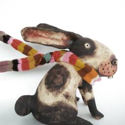 Ceramic Rabbit in The Wind With A Hand Knitted Striped Scarf - thumbnail 3