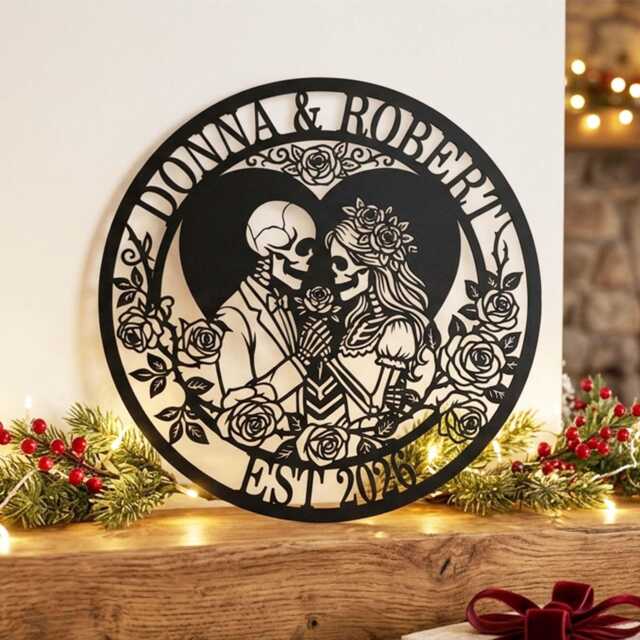 Personalized Skeleton Couple Metal Sign, Custom Skull Name Wall Art, Gothic Wedding Anniversary Valentines Gift - image 1