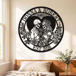 Personalized Skeleton Couple Metal Sign, Custom Skull Name Wall Art, Gothic Wedding Anniversary Valentines Gift - thumbnail 3