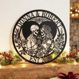 Personalized Skeleton Couple Metal Sign, Custom Skull Name Wall Art, Gothic Wedding Anniversary Valentines Gift - thumbnail 1