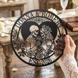 Personalized Skeleton Couple Metal Sign, Custom Skull Name Wall Art, Gothic Wedding Anniversary Valentines Gift - thumbnail 2