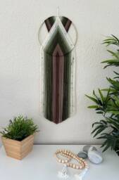 Green & Brown Wall Hanging, Retro Macrame Decor, Tapestry, Woven Yarn Hoop Art, 70's Handmade Hangings - thumbnail 1