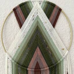 Green & Brown Wall Hanging, Retro Macrame Decor, Tapestry, Woven Yarn Hoop Art, 70's Handmade Hangings - thumbnail 2