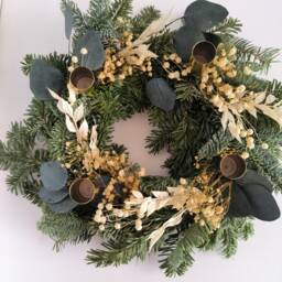 Advent Candle Wreath With Dried Flowers, Adventskranz Rustic, Christmas Decoration, Table Centerpiece, Green Natural Brunches Eucalyptus - thumbnail 1