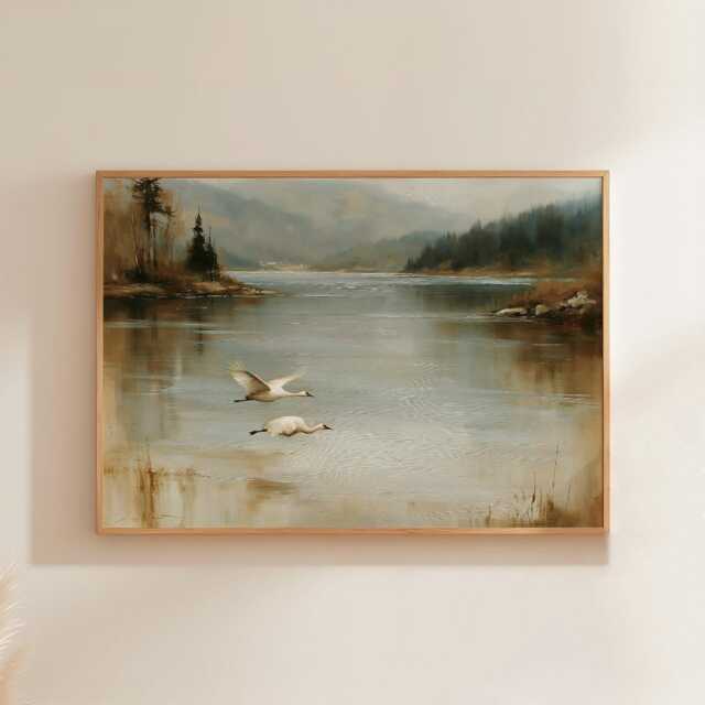 Misty Lake Landscape Poster, Pine Forest Paper Wall Art - image 1