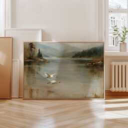 Misty Lake Landscape Poster, Pine Forest Paper Wall Art - thumbnail 4