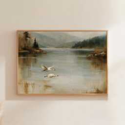 Misty Lake Landscape Poster, Pine Forest Paper Wall Art - thumbnail 1