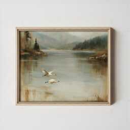 Misty Lake Landscape Poster, Pine Forest Paper Wall Art - thumbnail 3