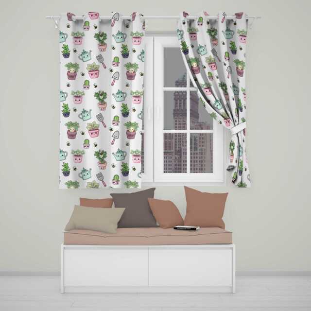 Cute Kawaii Garden Tools Plants Bees Seamless Pattern Readymade Eyelet Ring Top Thermal 100% Blackout Curtains - image 1