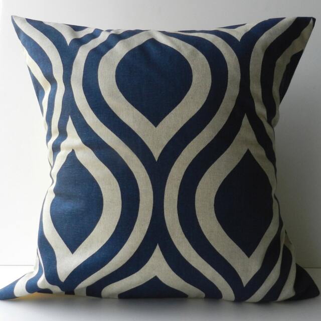 New 18x18 Inch Designer Handmade Pillow Case in Navy & Natural Geometric
