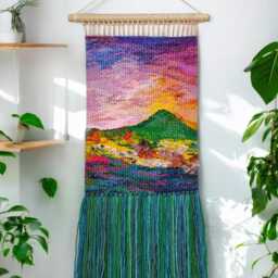 Handwoven Sunset Tapestry - Boho Fiber Art Wall Hanging With Fringe - thumbnail 3
