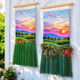 Handwoven Sunset Tapestry - Boho Fiber Art Wall Hanging With Fringe - thumbnail 2
