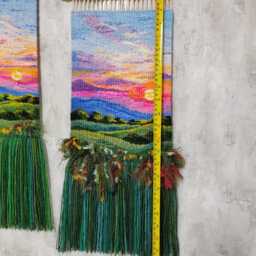 Handwoven Sunset Tapestry - Boho Fiber Art Wall Hanging With Fringe - thumbnail 4