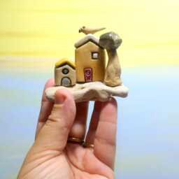 Ceramic Village Sculpture, Beach Stone Base, Israeli Art - thumbnail 1