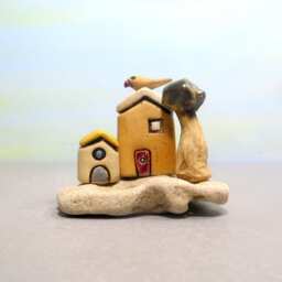 Ceramic Village Sculpture, Beach Stone Base, Israeli Art - thumbnail 2
