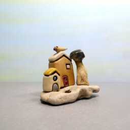 Ceramic Village Sculpture, Beach Stone Base, Israeli Art - thumbnail 3