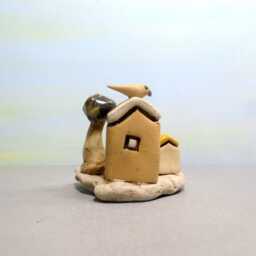 Ceramic Village Sculpture, Beach Stone Base, Israeli Art - thumbnail 4