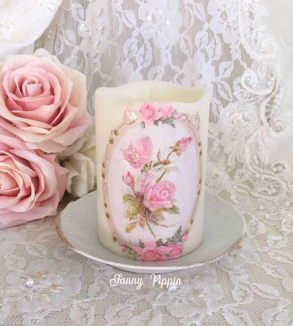 Shabby Pink Roses Flameless Candle Cottage Chic Led Decor - image 1