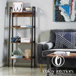 Narrow Ladder Bookshelf 4 Tier/5 - Rustic Wooden Bookcase For Small Spaces Industrial Storage Shelf Home Office Living Room - thumbnail 3