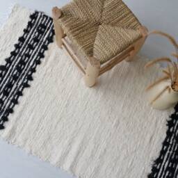 Medium Handwoven Cream & Black Rug, Unique Bathroom Bedroom Bohemian Decor, Portuguese Washable Schlafzimmer Teppich - thumbnail 3