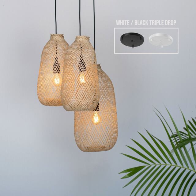 Triple Drop Woven Bamboo Pendant Cluster Light - White Black Rattan Rope Ceiling Canopy Options - image 1