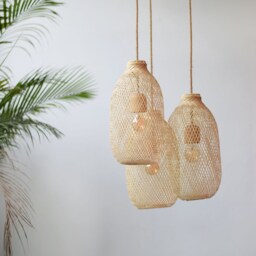 Triple Drop Woven Bamboo Pendant Cluster Light - White Black Rattan Rope Ceiling Canopy Options - thumbnail 3