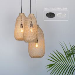 Triple Drop Woven Bamboo Pendant Cluster Light - White Black Rattan Rope Ceiling Canopy Options - thumbnail 1
