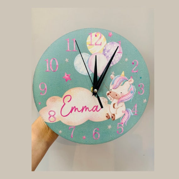 Unicorn Personalised Wooden Clock, Kids Baby Nursery Bedroom, Gift, Unicorn Gift - image 1