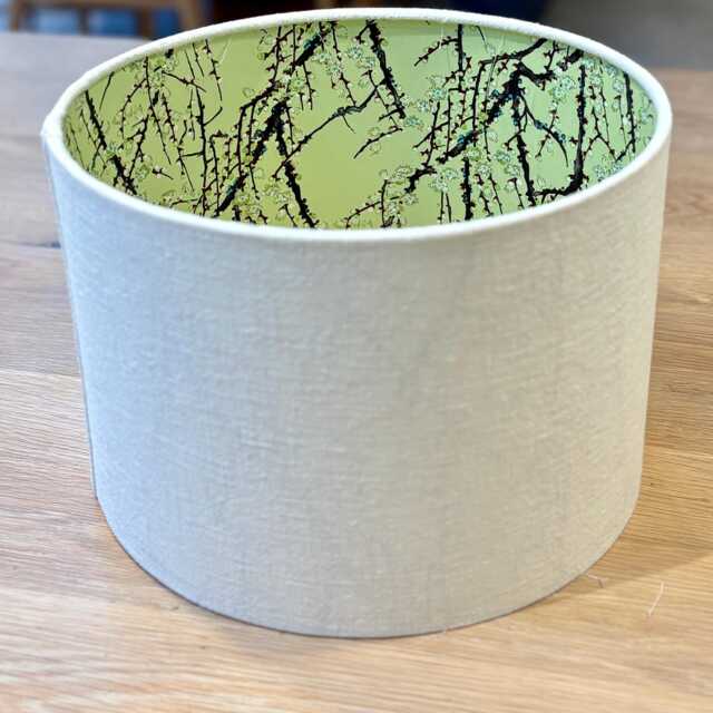 Luxury Lampshade Using Beautiful Japanese Chirugami - Yuzen Paper Light Green With Beige Linen - image 1
