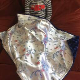 "Silver Dragon Brocade & Navy Blue Minky Baby Blanket ""The Dr Phillips" - thumbnail 2